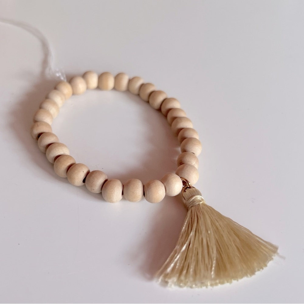 BOHO Natural Tan Wood Beaded w Fringe Tassel Bracelet for Stacking & Layering